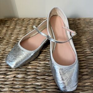 J.Crew Quinn Square Toe Mary Jane Leather Ballet Flats Metallic Silver Size 8